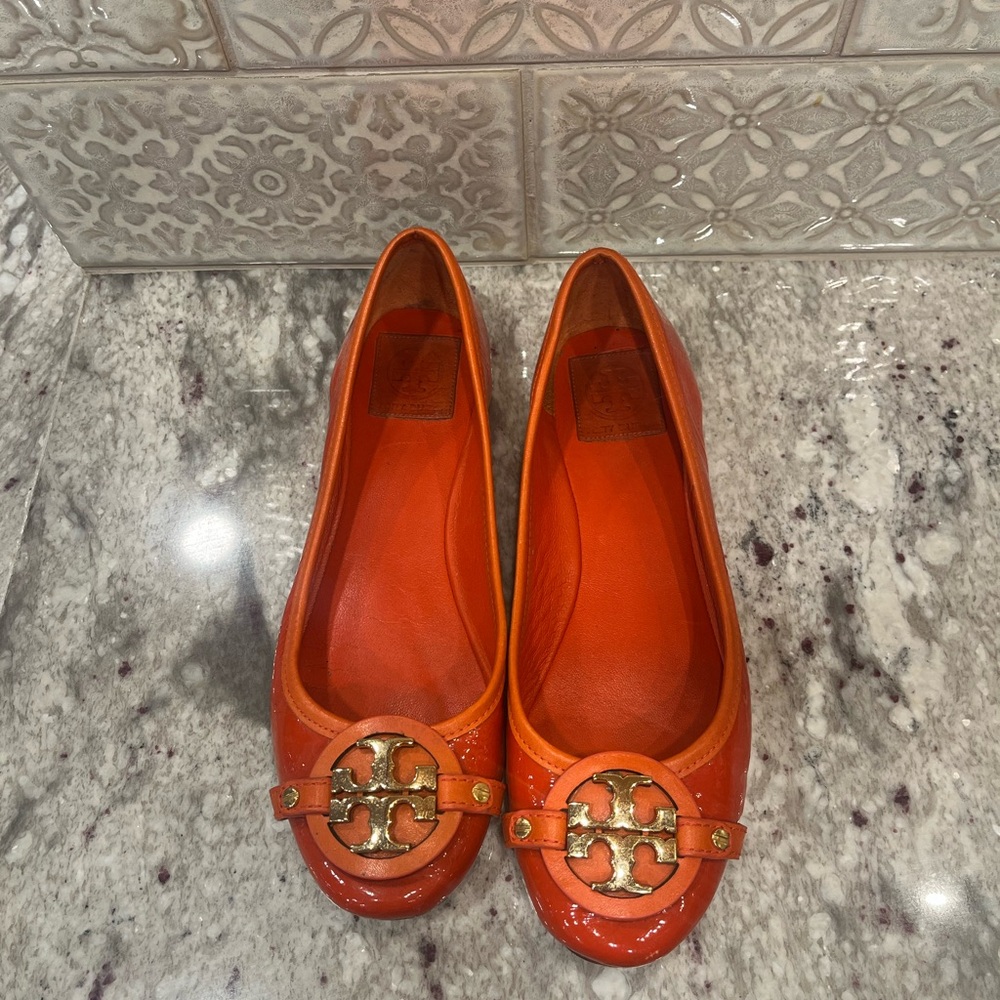 Tory Burch Shoes Reva Orange Genuine Leather Silver Logo Emblem Ballet Flats